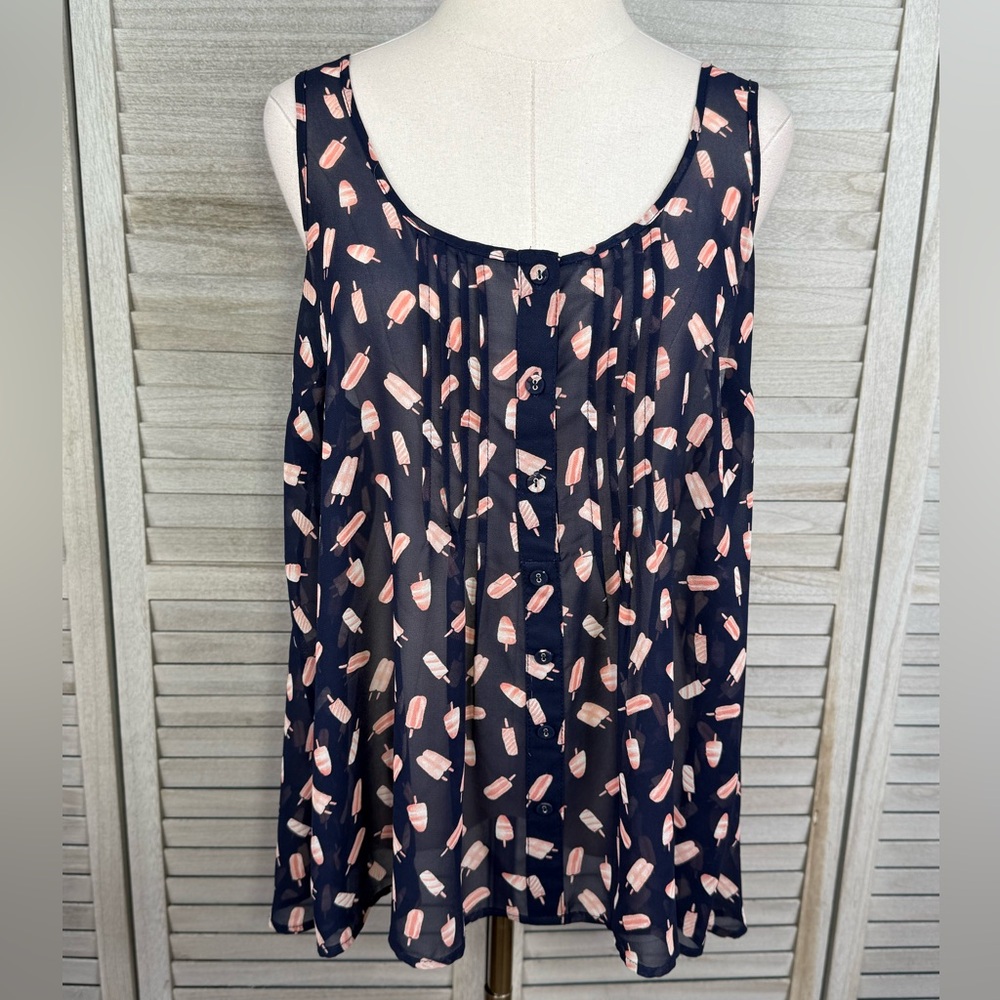 TORRID Sleeveless Sheer Pleat Front Top w Tulip Back Navy/Peach Popsicle-0X
